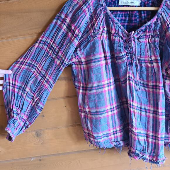 Free People Cloudbreaker Plaid Tunic Oversized Lace Up Pullover Blue Pink Medium - Picture 6 of 6
